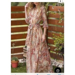 Aakaa paisley jewel tone flowing tie waist maxi gown faux wrap w snap boho